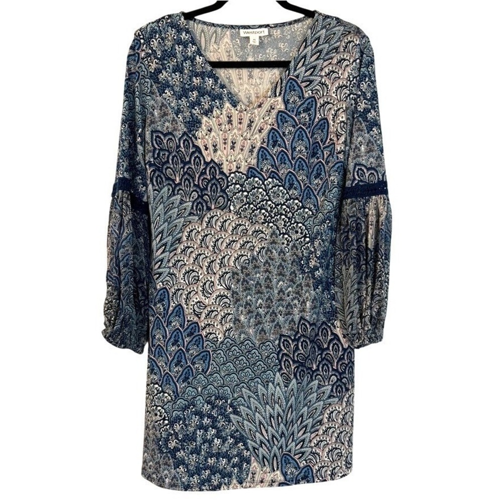 Westport Blue Pink Paisley Boho V-Neck Balloon Sleeve Mini Dress XS Boho Peacock